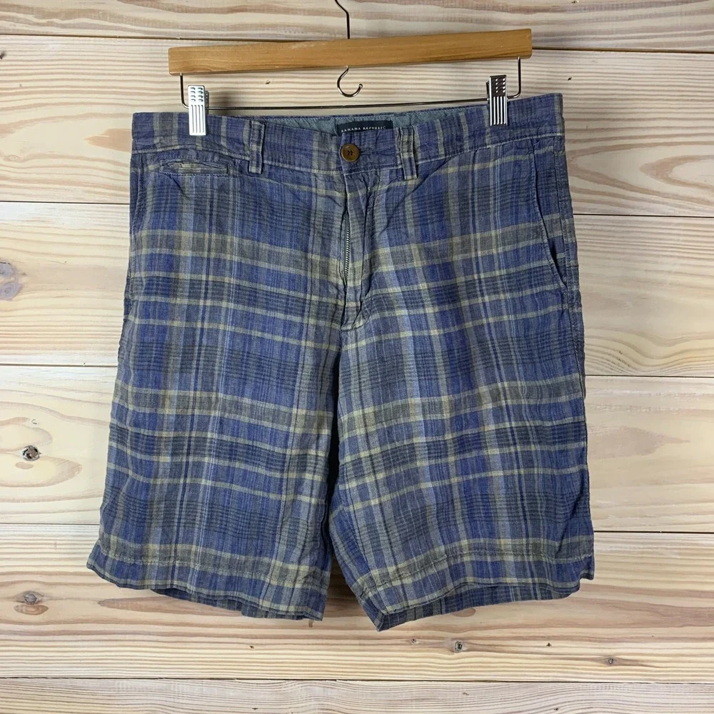 Banana Republic 100% Linen Shorts Plaid Mens 34‎ Travel Golf Preppy